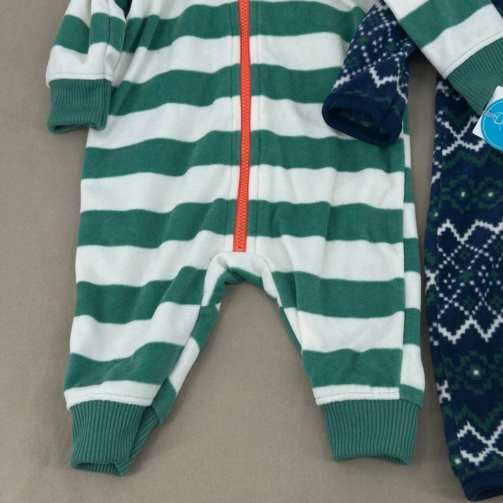 Carter's Fleece Jumpsuit Baby 3M Green Navy Striped Fair Isle‎ Hooded Cozy Dino